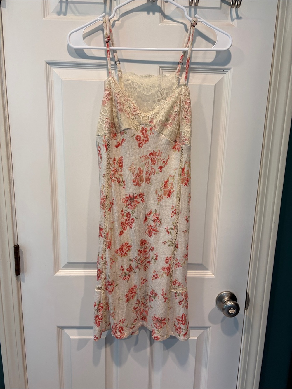 Eloise Floral Lace Trim Slip Dress in Cream and Coral